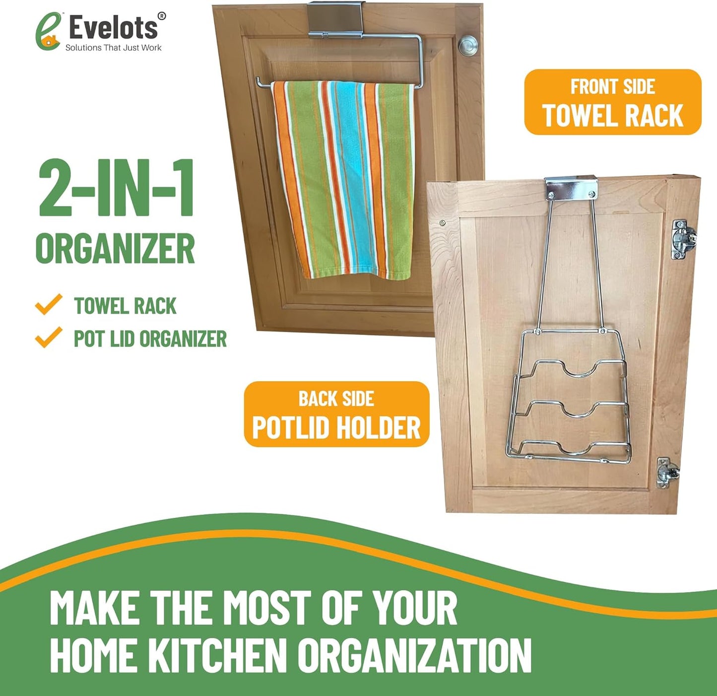 Evelots 6 Pot Lid Organizer for Cabinet Door or Pantry Wall - Closet Door Pots and Pans Lids Holder - Glass or Metal Pan Covers Cabinet Organizer Kitchen Storage - White 6 Tier Lid Rack