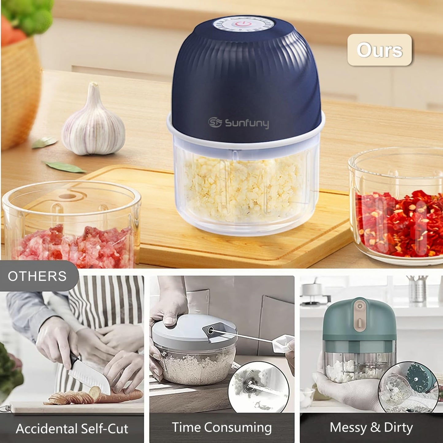 Mini Garlic Chopper, 250ml Small Food Processor Cordless 1 Cup, Battery USB-C Rechargeable Electric Food Chopper Wireless, Portable Garlic Grinder Masher,Veggie Meat Blender Mincer Kitchen Mixer,White