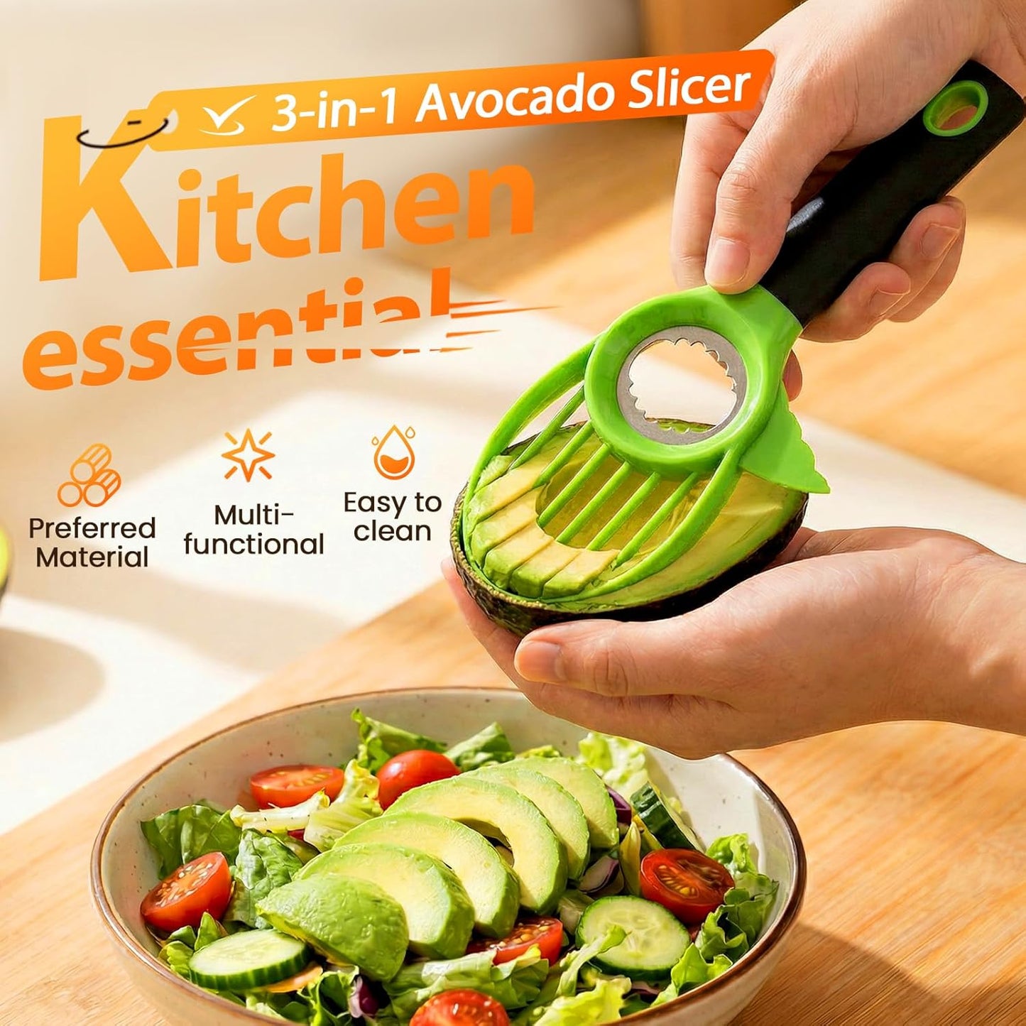3-in-1 Avocado Slicer Tool, Multi-Function Splitter Pitter Cutter, Silicone Comfort-Grip Handle Avocado Peeler for Kitchen (1PC)