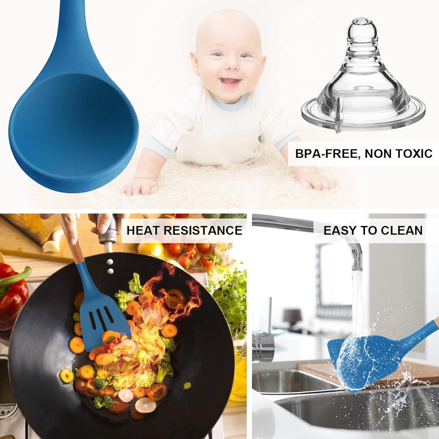 MIBOTE Silicone Cooking Kitchen Utensils Set with Holder, Wooden Handles BPA Free Non Toxic Silicone Turner Tongs Spatula Spoon Kitchen Gadgets Utensil Set for Nonstick Cookware (Coffee)