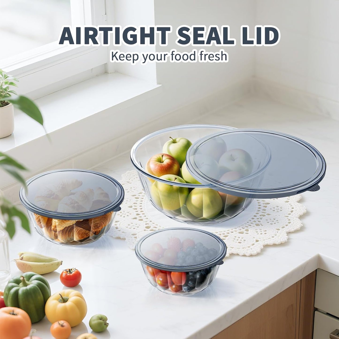 Luvan Glass Mixing Bowls with Lids Set(4.5QT, 2.7QT, 1.1QT)-Large Glass Mixing Bowls, Clear Salad Bowl for Baking, Cooking, Serving, Food Prep, 3PC Nesting Bowls for Kitchen Storage & Dishwasher Safe