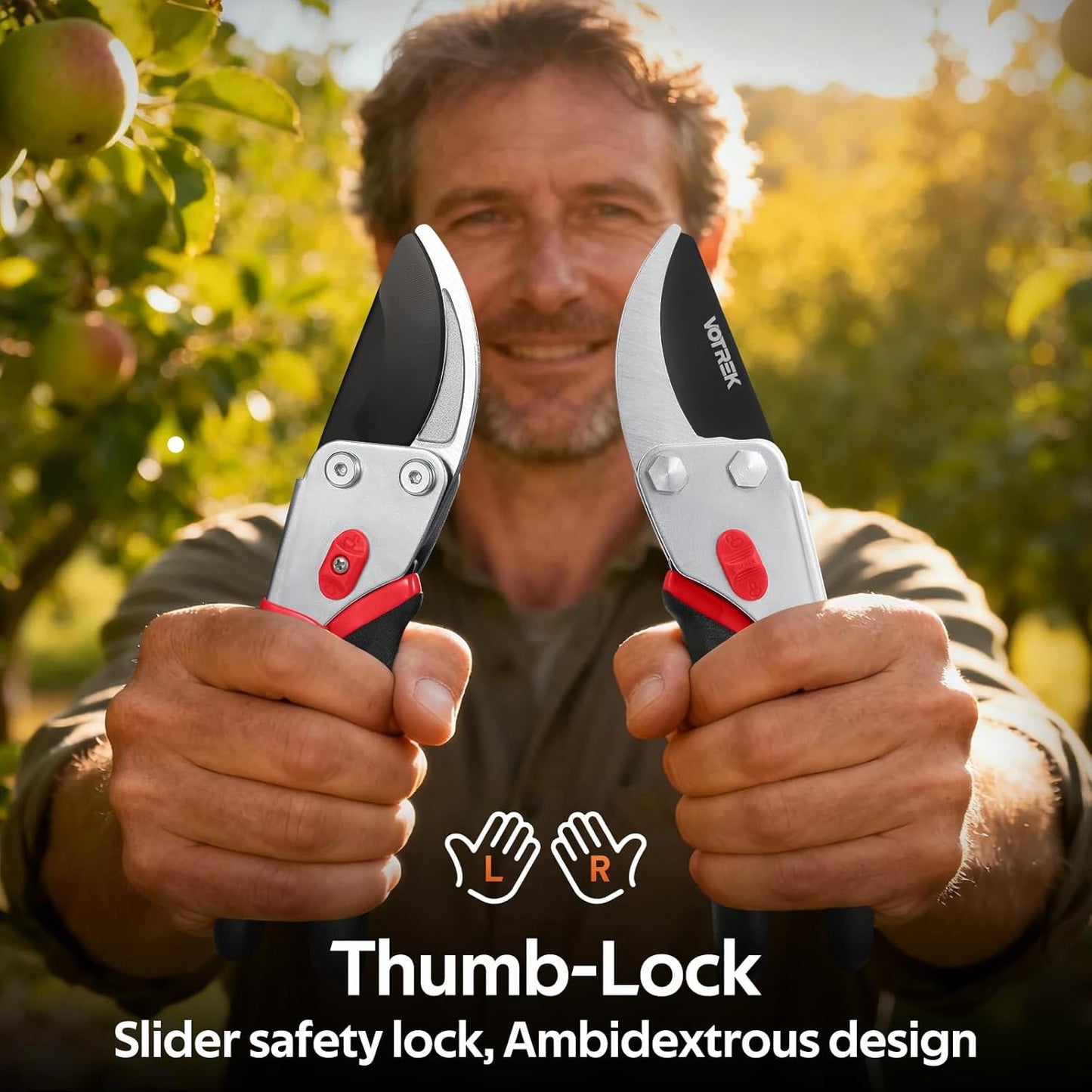 VOTREK® Pruning Shears, 8.5” Professional Garden Pruner with Jam-Proof Spring & Ever-Sharp SK5 Blade, Ergonomic Bypass Clippers for Rose, Tree Trimming, Heavy Duty Bonsai Scissor for Weak Hand