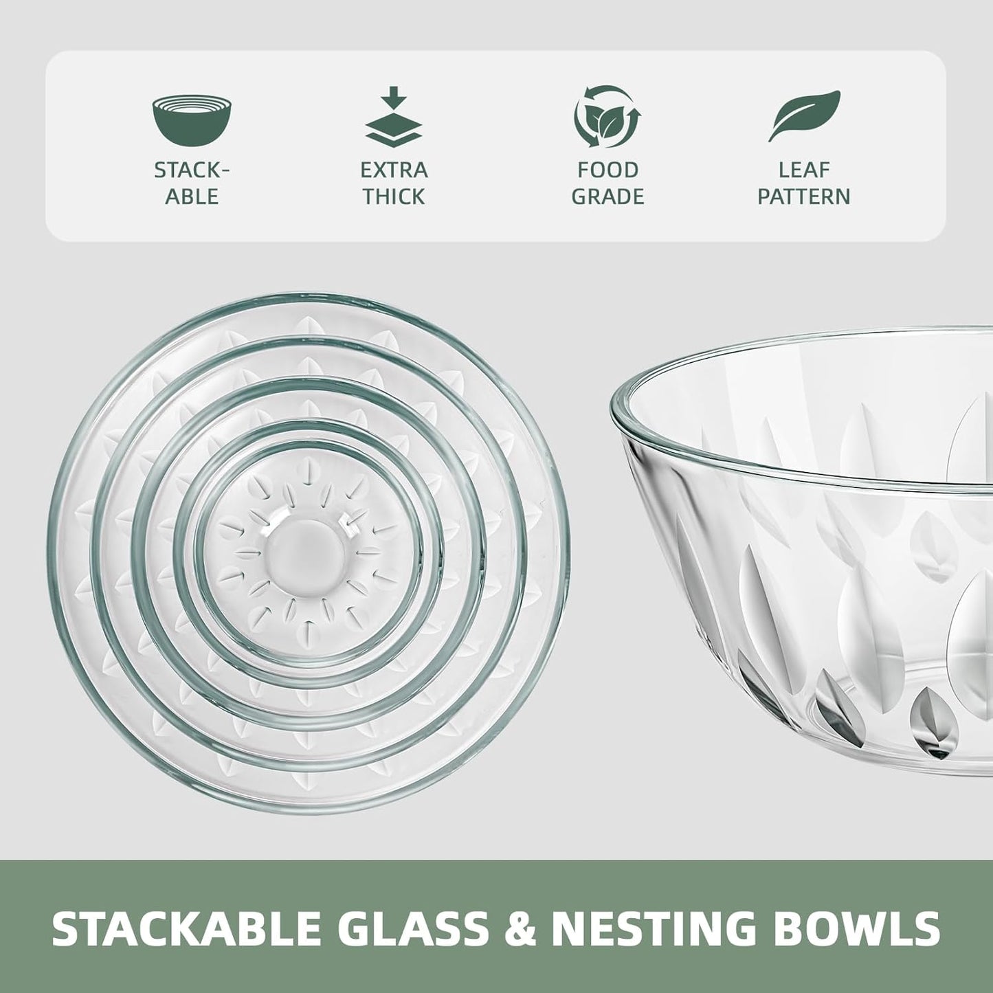 WhiteRhino Glass Mixing Bowls Glass Bowls with Lids Set(4.5QT,2.7QT, 1.1QT),Large Salad Bowls,glass mixing bowl Space-Saving Nesting Storage bowls for Cooking,Baking,Prepping,Dishwasher Safe