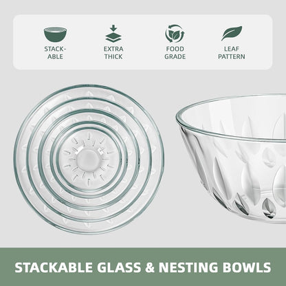 WhiteRhino Glass Mixing Bowls Glass Bowls with Lids Set(4.5QT,2.7QT, 1.1QT),Large Salad Bowls,glass mixing bowl Space-Saving Nesting Storage bowls for Cooking,Baking,Prepping,Dishwasher Safe