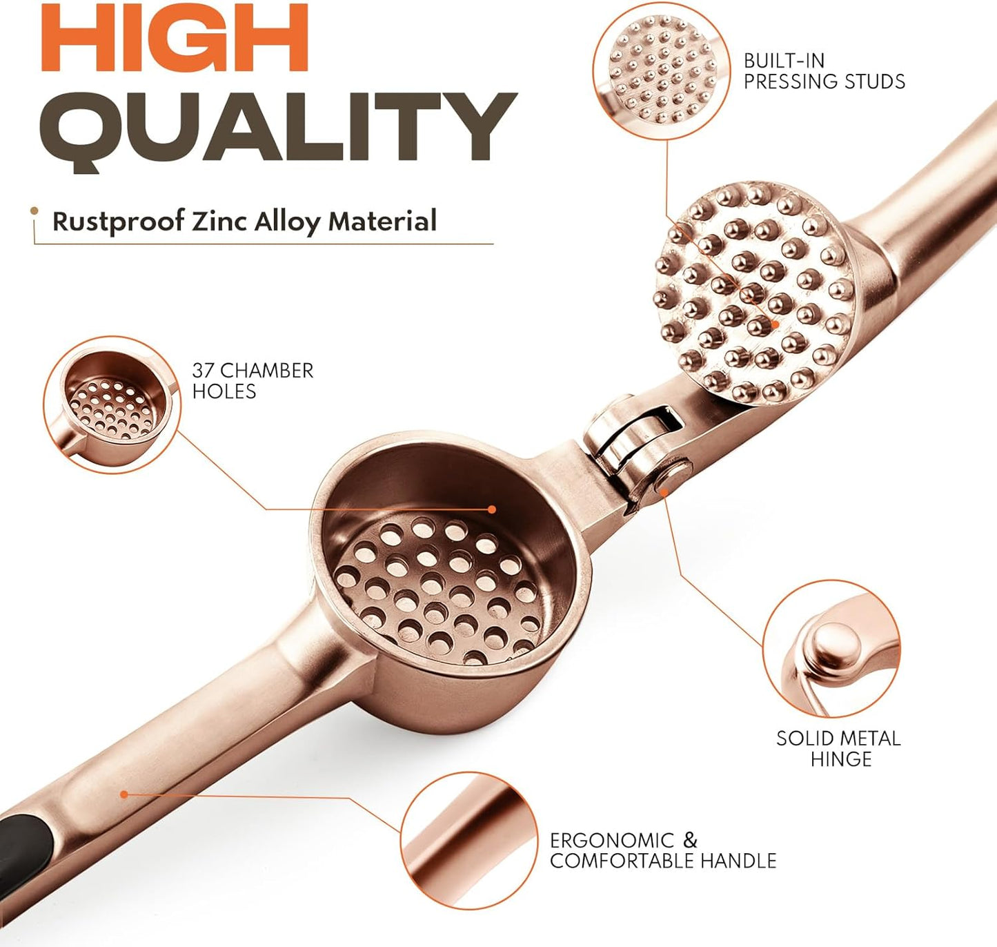 Kitchen Garlic Press, Rust Proof & Dishwasher Safe Garlic Mincer, Durable Garlic Crusher Set with Peeler＆Brush, Easy to Clean and Squeeze, Matte