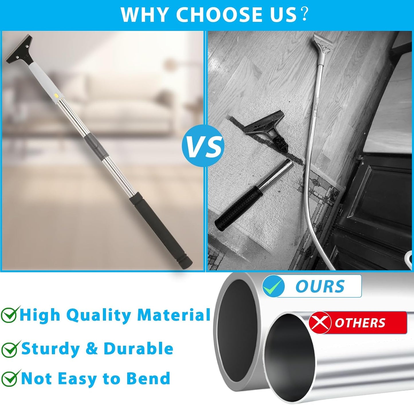Floor Scraper, 31" to 61" Scraper Tool Long Handle with 4-inch Razor Blade Stainless Steel Material Adjustable Cleaning Glass Wall Gum Paint Tile Glue Linoleum Carpet Sturdy Durable
