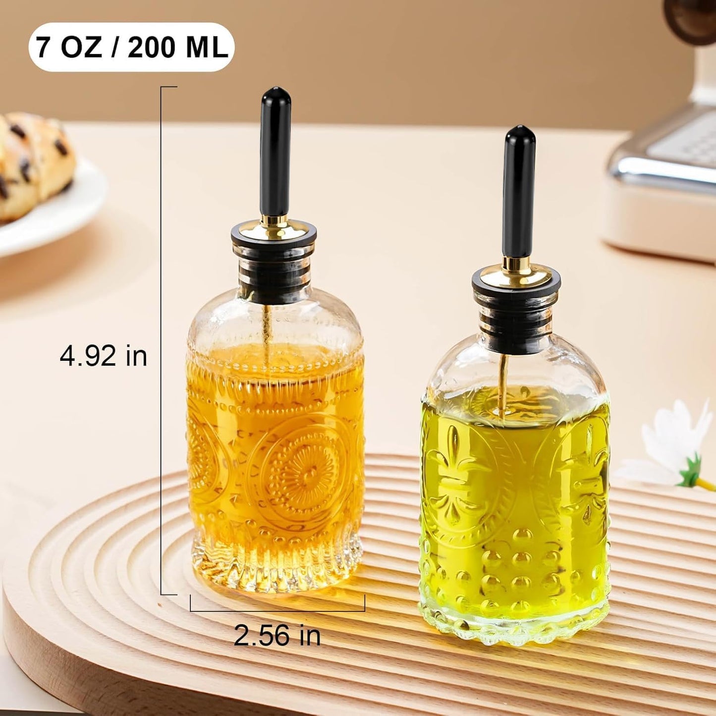 gegewawa Olive Oil Dispenser Bottle for Kitchen with Metal Spout, Glass Oil Bottles 7OZ, Elegant Glass Cooking Oil Dispenser for Kitchen-2pcs