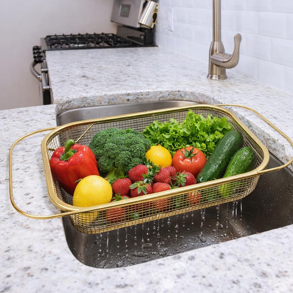 Stainless Steel Sink Strainer, Fine Mesh Drain Basket with Grip Handles, Over Sink Strainer Basket for Straining Vegetables Draining Fruits Kitchen Use