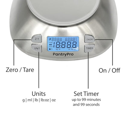 Stainless Steel Digital Kitchen Scale w. Bowl - for Food Coffee Lab - LCD Display gram Ounces lb:oz lb ml - 12 LBS/5.5 KG Capacity - Battery Included - Gold by The Display Guys