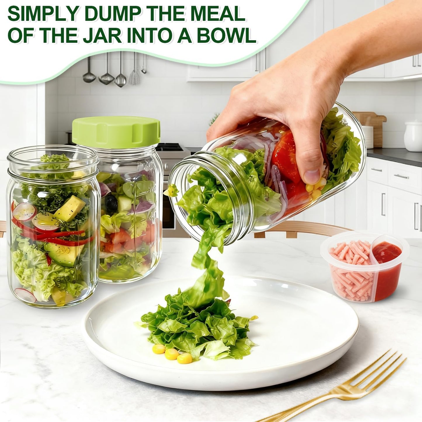 4 Pack Glass Salad Jars with Lids,32oz Mason Jars for Meal Prep,Leakproof Lunch Container with Two Small Built-in Boxes for Wet/Dry Separation of Salad Dressing and Dry Ingredients( Apricot White)