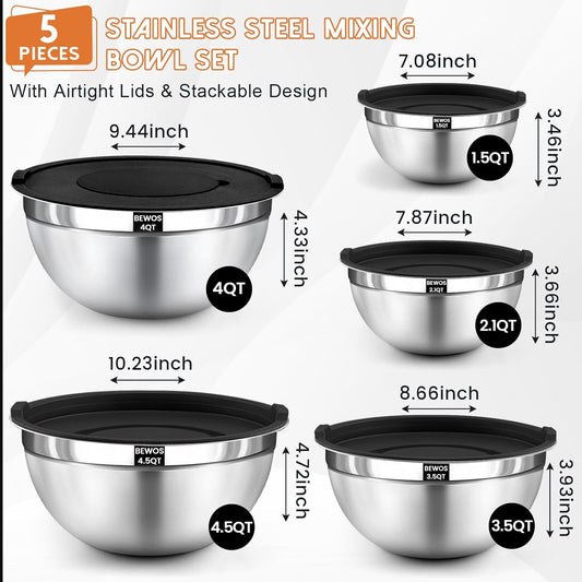 BEWOS Mixing Bowls with Lids Set - 5 Pcs Stainless Steel Mixing Bowls With 3 Grater Attachments, Size 4.5, 4, 3.5, 2.1, 1.5QT Metal Bowls for Baking and Serving (Colored)