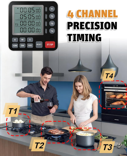 TPNEG Digital Kitchen Timer - 4-Channel Cooking Timer with Alarm, Magnetic Back, Loud & Silent Modes, Count Up/Down, Ideal for ovens, Seniors, Kids and classrooms, Replaceable AAA Battery