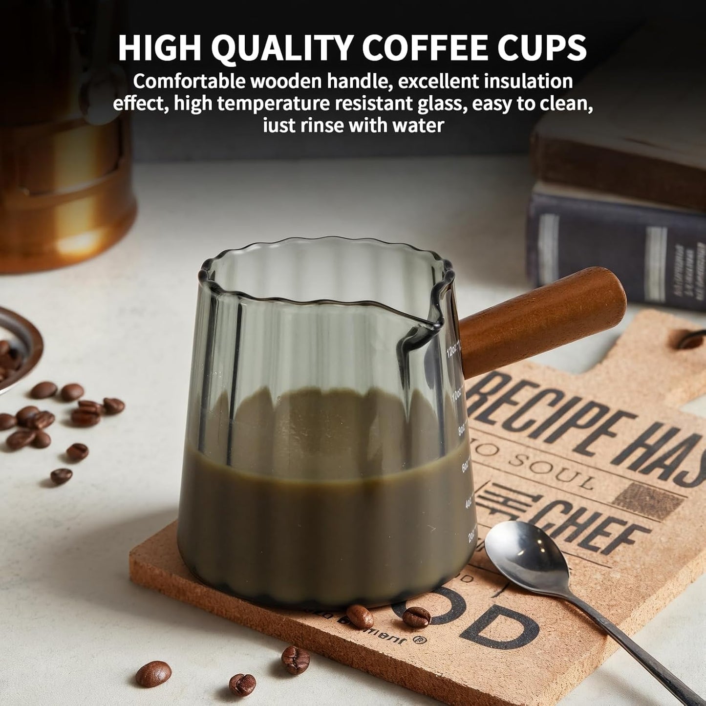 Espresso Measuring Cup 6 Oz, Espresso Glass Cups with Wood Handle, Milk Frothing Cup, Espresso Cup for Coffee, Milk, Tea or Maple Syrup Serving