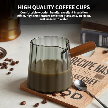 Espresso Measuring Cup 6 Oz, Espresso Glass Cups with Wood Handle, Milk Frothing Cup, Espresso Cup for Coffee, Milk, Tea or Maple Syrup Serving