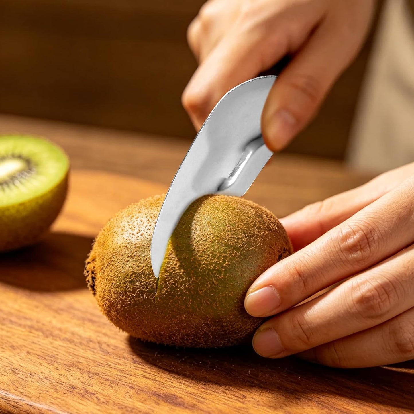 6pcs Stainless Steel Kiwi Knife and Spoon, 2-in-1 Flexible Kiwi Peeler and Fruit Scoop Tool, Multipurpose Mango Slicer and Avocado Cutter for Kitchen and Travel, Silver