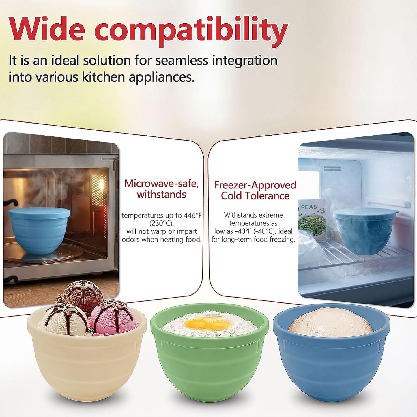 3 Pack Silicone Bowl Liners with Lids for KitchenAid 5QT Tilt Head Mixer, Collapsible Food-Grade Bowl Inserts, Thick Heat/Cold Resistant Silicone Mixing Bowl Liners