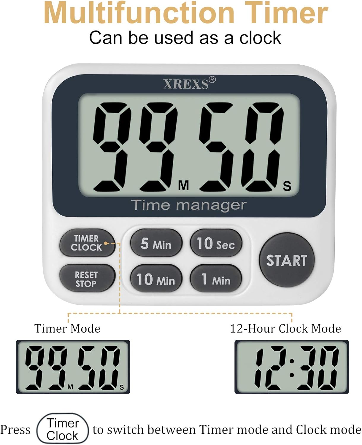 XREXS Digital Kitchen Timer, Magnetic Countdown Up Cooking Timer with Large LCD Display, Adjustable Volume, Loud Alarm & Strong Magnet for Teachers (Batteries Included)