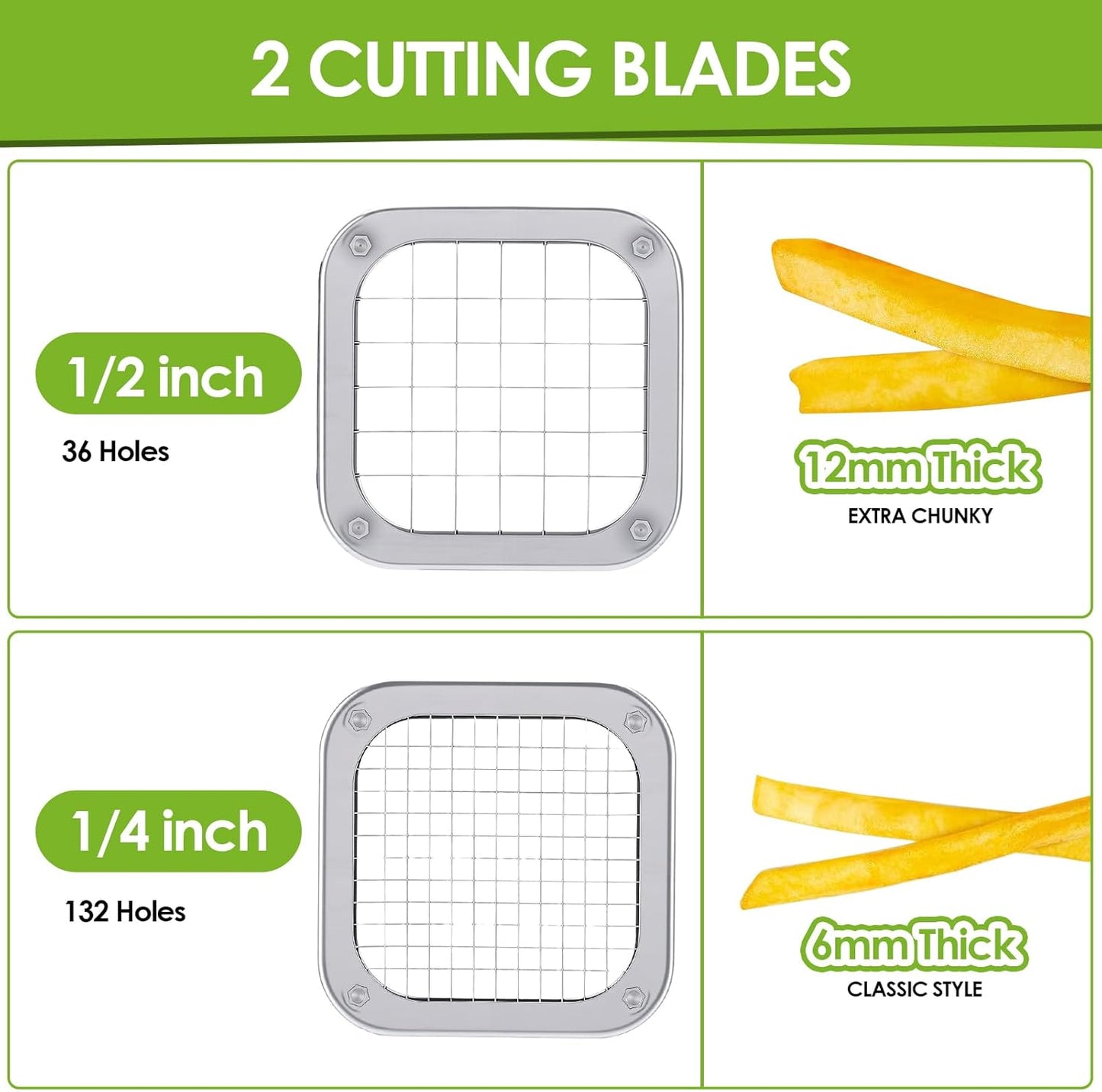 Manual French Fry Cutter for Potatoes with Interchangeable Blades, Handheld Stainless Steel Potato Slicer for Home and Commercial Use (1/2'' & 3/8'' & 1/4'')