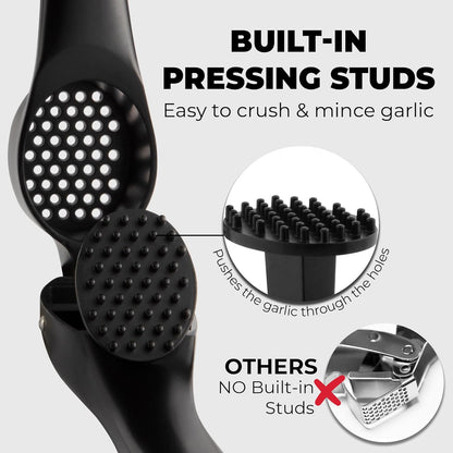 Zulay Kitchen Premium Garlic Press Set - Rust Proof Professional Garlic Mincer Tool - Easy-Squeeze, Easy-Clean with Soft, Ergonomic Handle - Silicone Garlic Peeler & Brush (Silver)