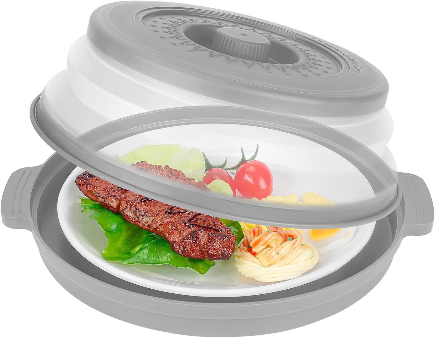 10.7 Inch Microwave Food Cover with Heat Insulation Mat, Anti-Scald Collapsible Microwave Splatter Cover, Multi-Functional as Colander & Fruit Plate, Dishwasher Safe, Ideal for Meal Prep (Gray)