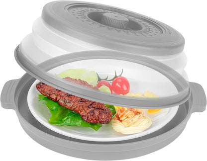 10.7 Inch Microwave Food Cover with Heat Insulation Mat, Anti-Scald Collapsible Microwave Splatter Cover, Multi-Functional as Colander & Fruit Plate, Dishwasher Safe, Ideal for Meal Prep (Gray)