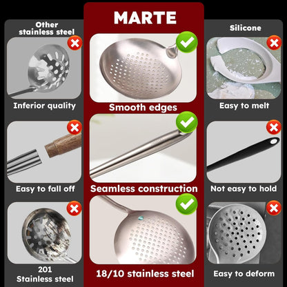 MARTE 17'' Skimmer Slotted Spoon - 304 Stainless Steel Skimmer Ladle Spider Strainer Spoon for Cooking and Frying - Long Pasta Strainer Tools Frying Spoon Kitchen Cooking Utensils Colander Spoon
