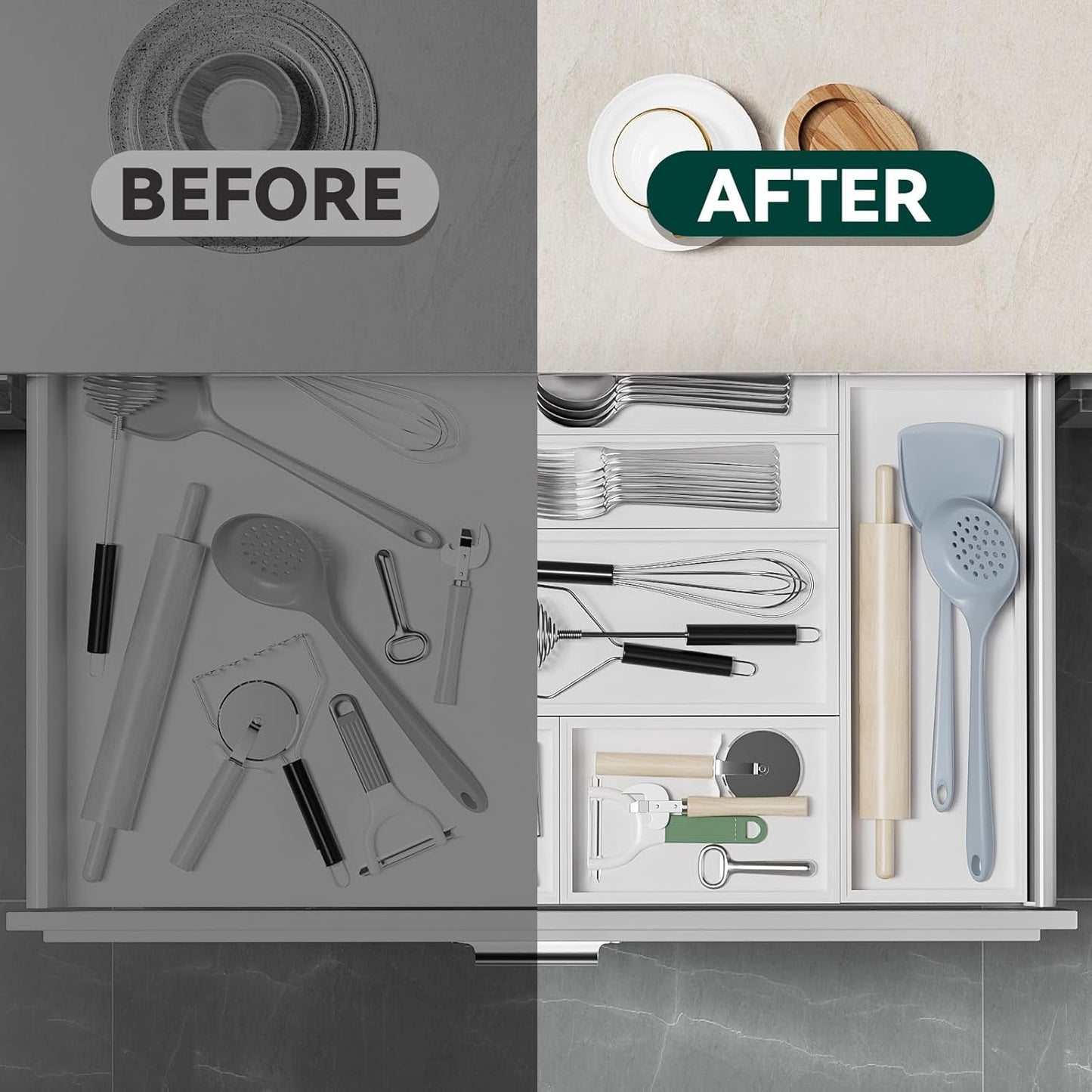 Lixple Bamboo Drawer Organizer, Narrow Stackable Cutlery Tray for Kitchen, 2 Pcs Silverware & Utensil Box, 12" x 3" x 2" (Outer), 11.3" x 2.3" x 1.77" (Inner)