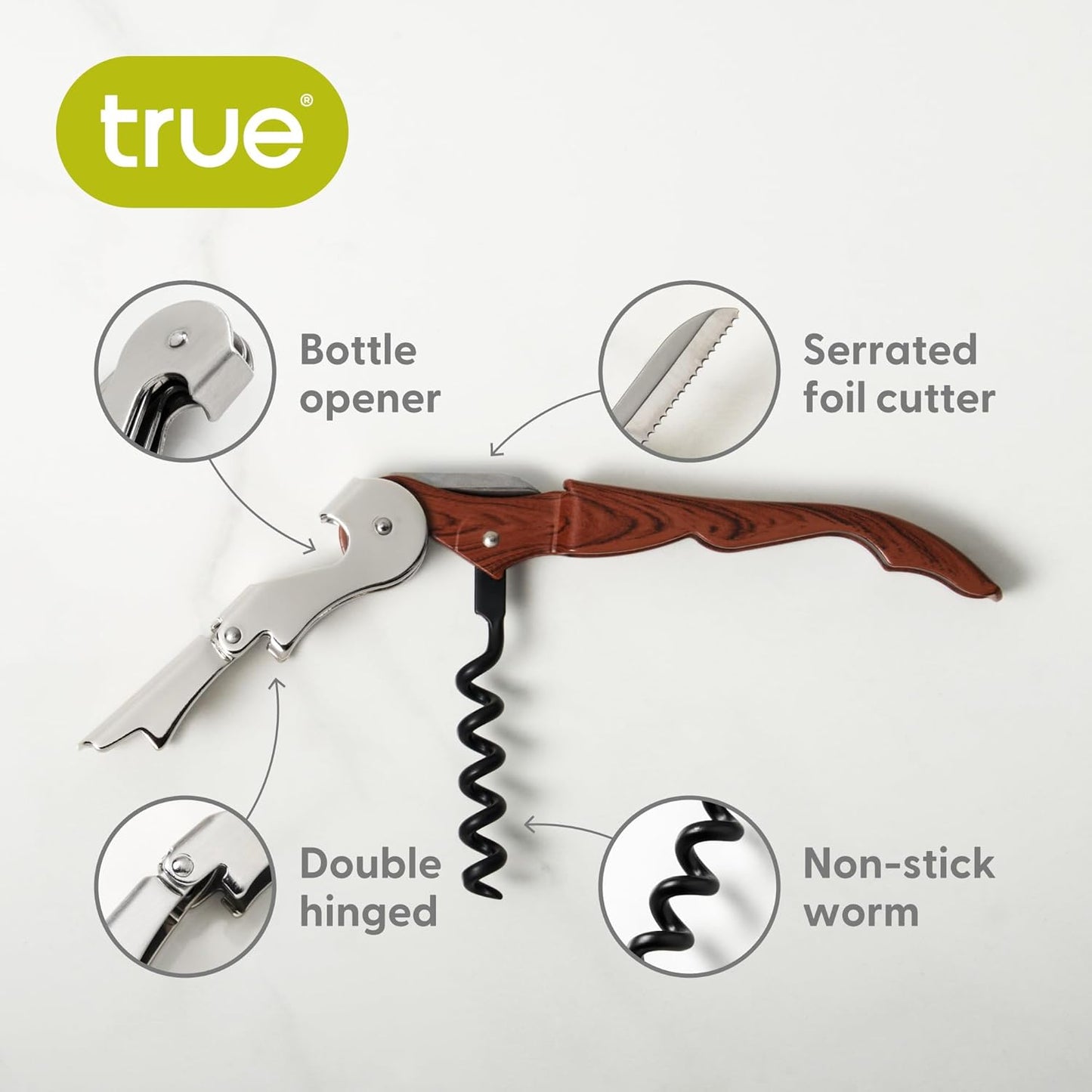 True Truetap Double Hinged Waiter's Corkscrew Wine Opener, Stainless Steel Wine Bottle Opener with Built In Foil Cutter, Home Bar Tools, Bar Cart Accessories, Wedding Gifts, Set of 1, Black