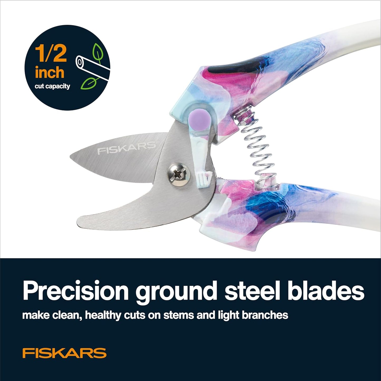 Fiskars Bypass Pruning Shears, 5/8" Cut Capacity Gardening Scissors, Self-Cleaning Sap Groove Prevents Sticking, Non-Slip Grip for Cutting Stems & Branches, Sharp Steel Blades w/ Low-Friction Coating