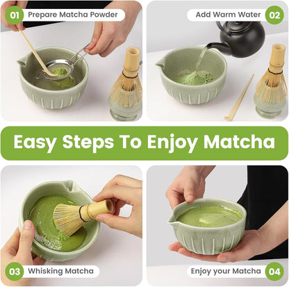 Matcha Whisk Set, Japanese Tea Set (5pcs) includes Matcha Bowl with Spout (19 oz), Bamboo Whisk, Matcha Scoop, Matcha Whisk Holder (Chasen Holder), Stainless Steel Sifter, Macha Kit
