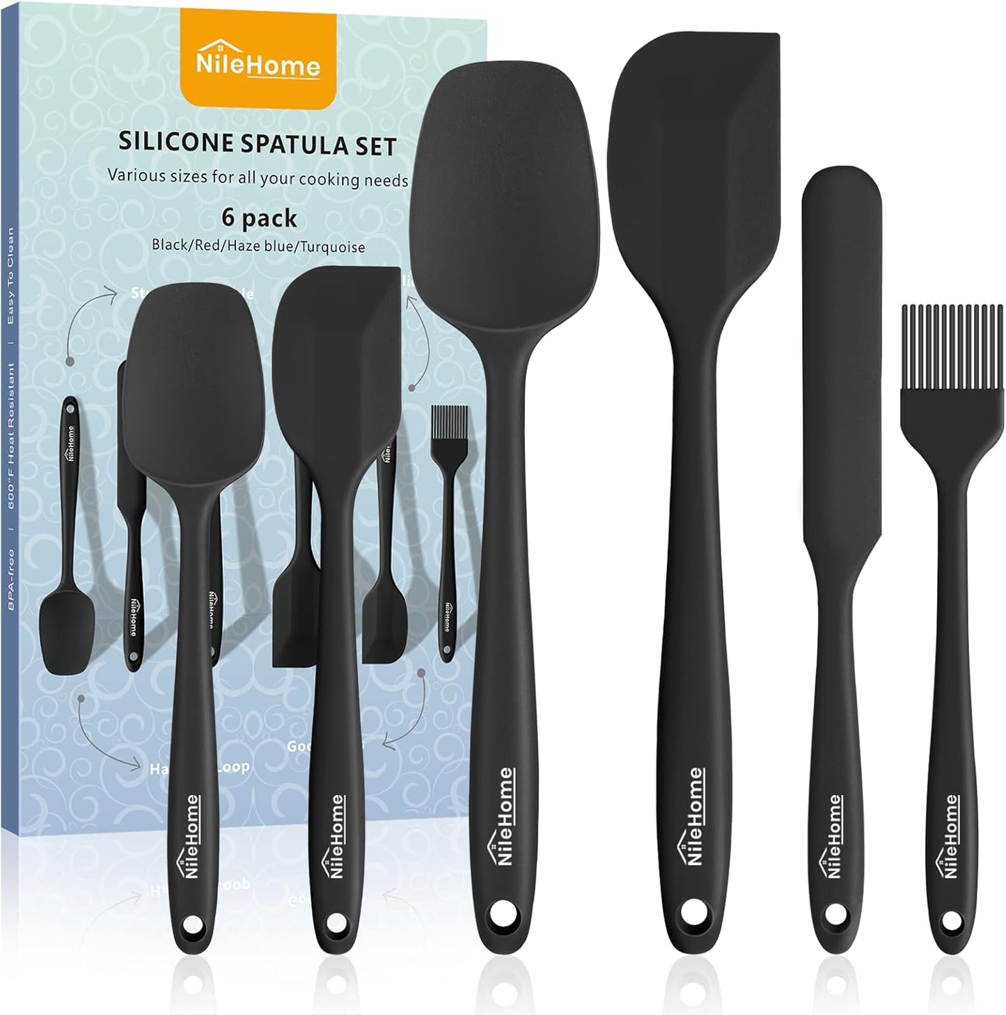 NileHome Silicone Spatula Set, 6 Pieces Food Grade Kitchen Utensils with Silicone Brush Heat Resistant Up to 600°F Dishwasher Safe BPA-Free Rubber Spatula for Scraping, Baking, Cooking, Mixing-Black