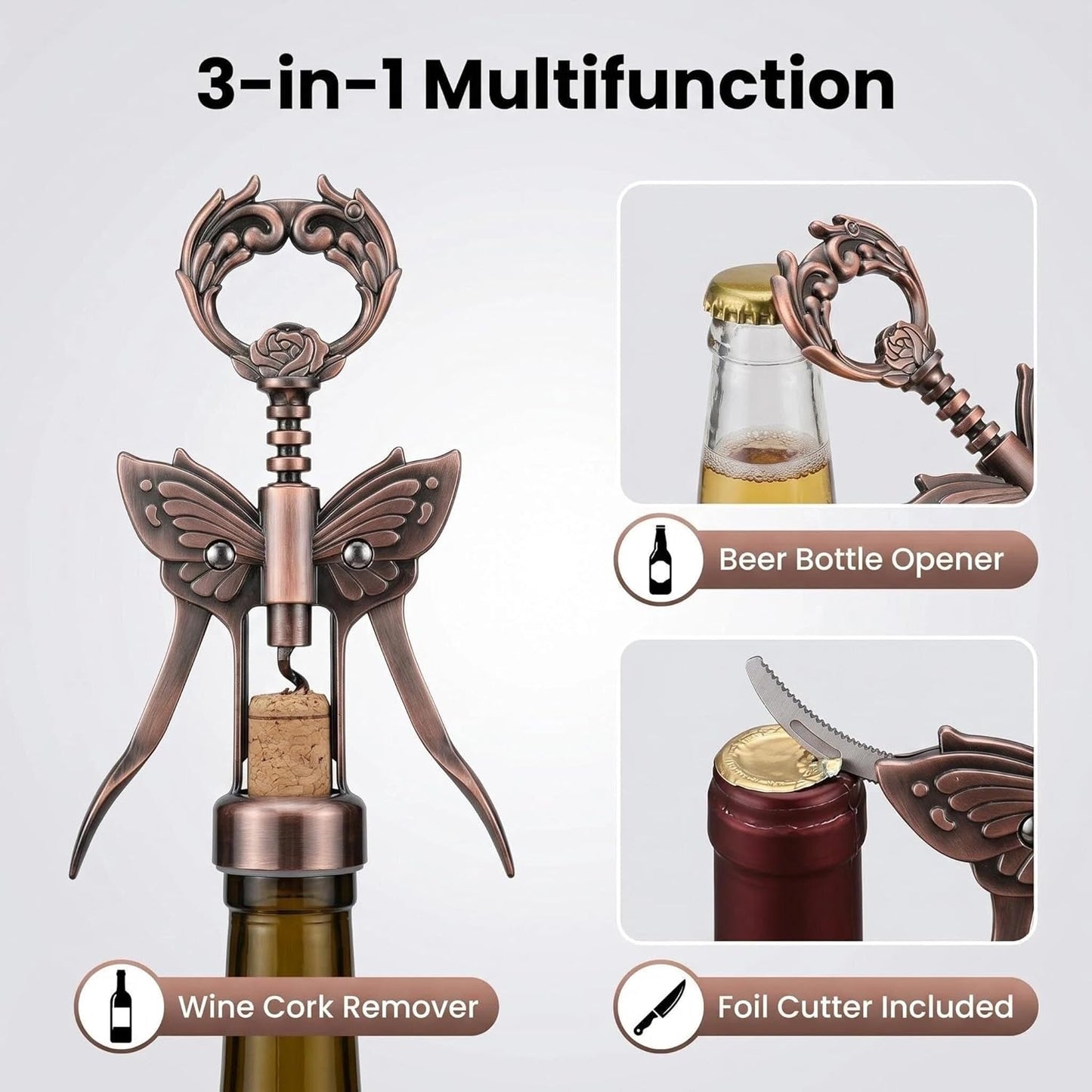 Wine Opener, 3 in 1 Zinc Alloy Premium Wing Corkscrew Wine Bottle Opener with Multifunctional Bottles Opener and Serrated Foil Cutter for Wine and Beer (Black)
