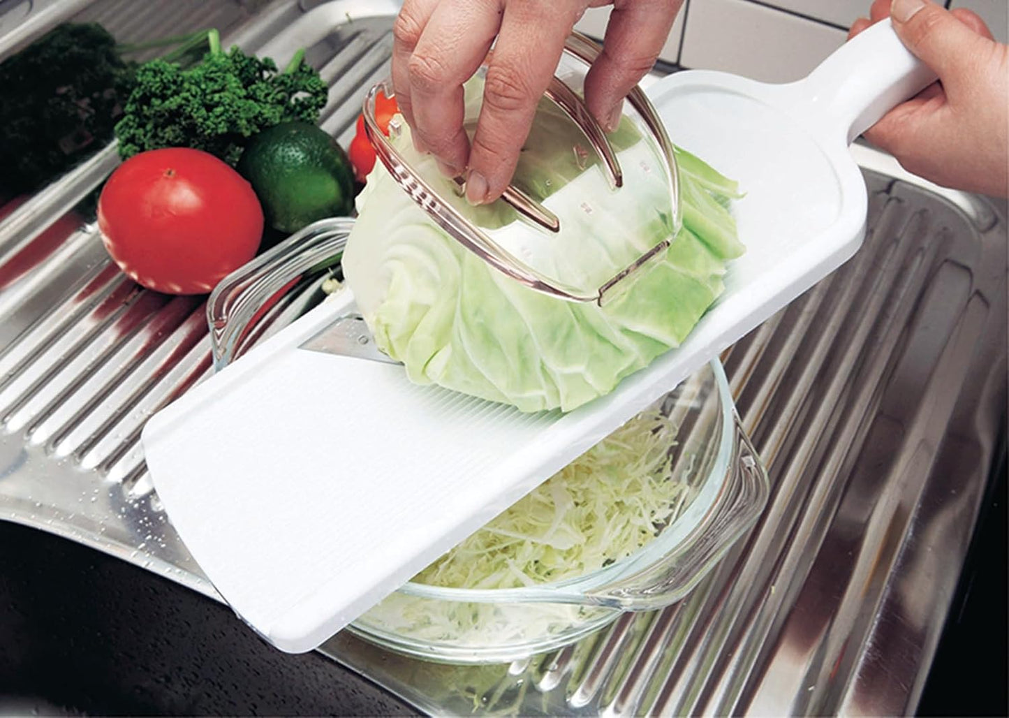 Mandoline Wide Cabbage Slicer 4.7 inches Pink, Julienne Thickness: 0.04 inch (1 mm), with Safety Holder, Made in Tsubame Japan (Pink)