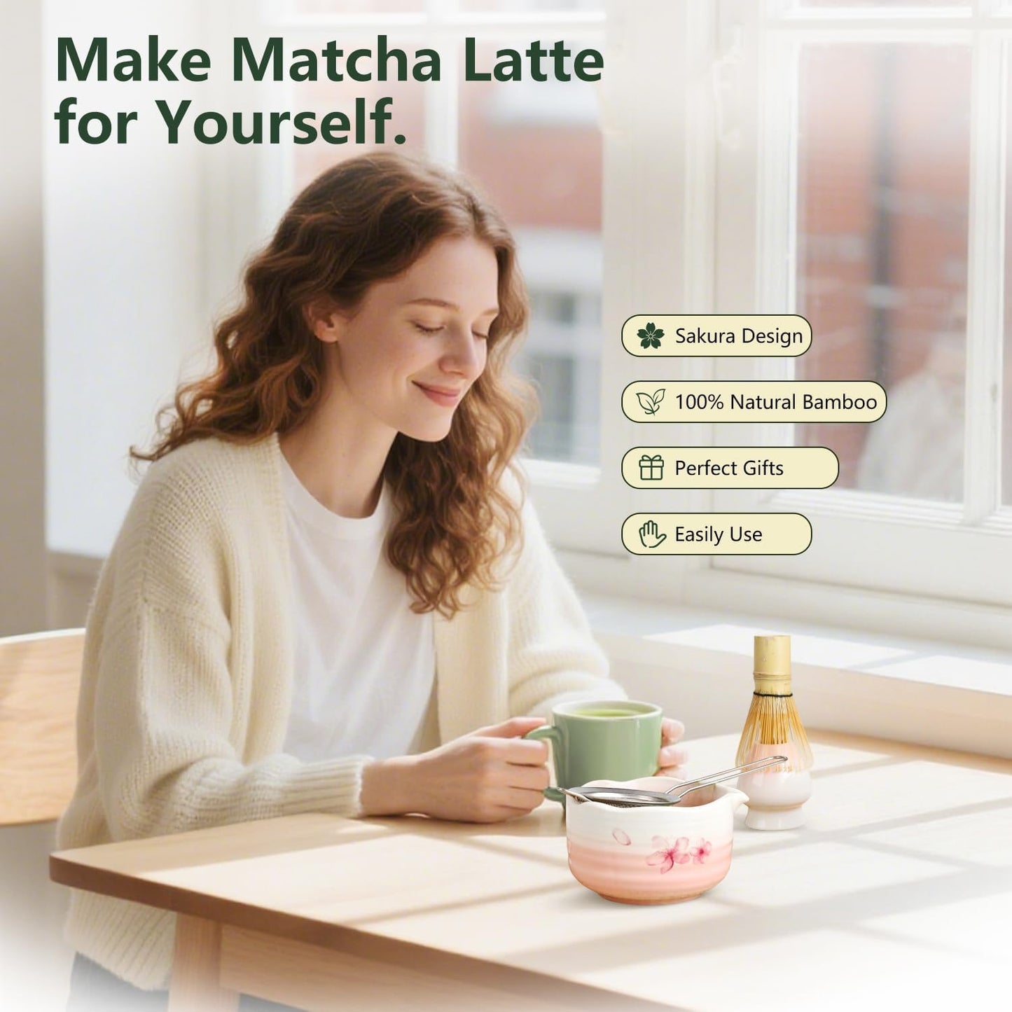 7PCS Matcha Whisk Set, Sakura Cherry Bloosm Matcha Kit Gift for Women Birthdays Mom Girls Kids and Matcha Tea Lover, with Bamboo Whisk, Holder, Bowl, Scoop, Sifter, Towel, and Elegant box