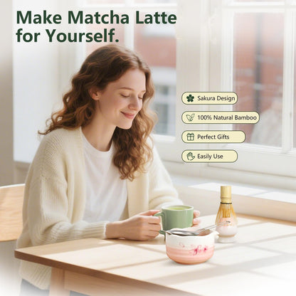7PCS Matcha Whisk Set, Sakura Cherry Bloosm Matcha Kit Gift for Women Birthdays Mom Girls Kids and Matcha Tea Lover, with Bamboo Whisk, Holder, Bowl, Scoop, Sifter, Towel, and Elegant box
