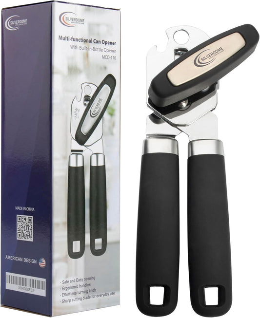 Heavy Duty Stainless Steel Manual Can Opener with Bottle Opener Function- Rust Proof and with Soft Grip Handle, razor sharp, smooth and easy cutting,