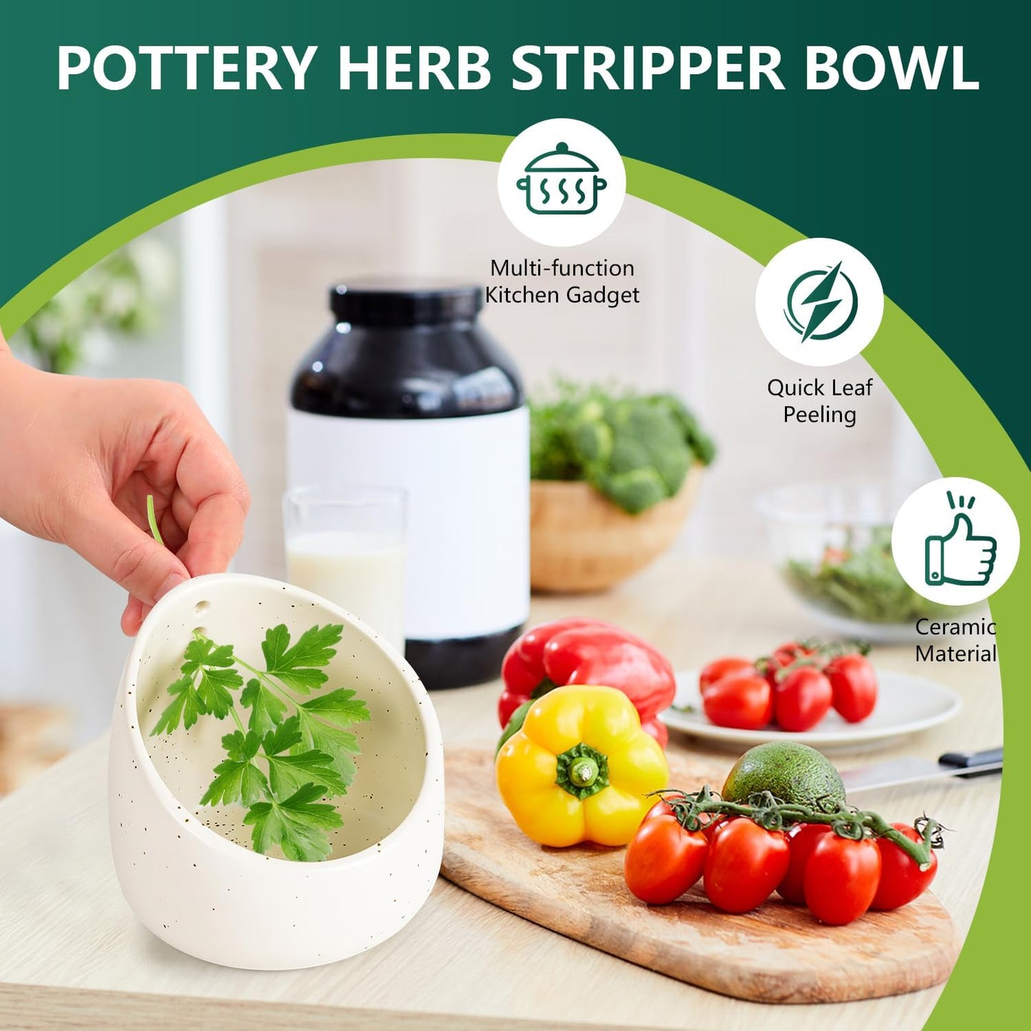 Pottery Herb Stripper Bowl, Handmade Ceramic Herb Peeling Bowl, for Separating Leaves and Stems (Green)