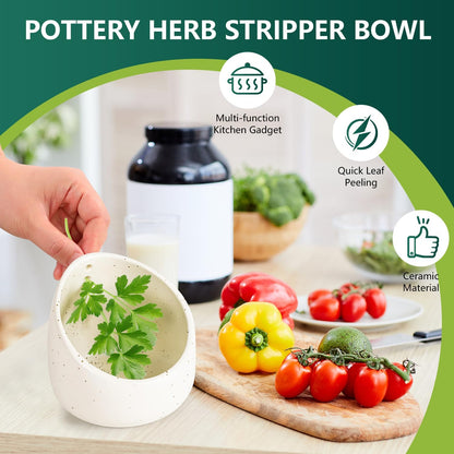Pottery Herb Stripper Bowl, Handmade Ceramic Herb Peeling Bowl, for Separating Leaves and Stems (Green)