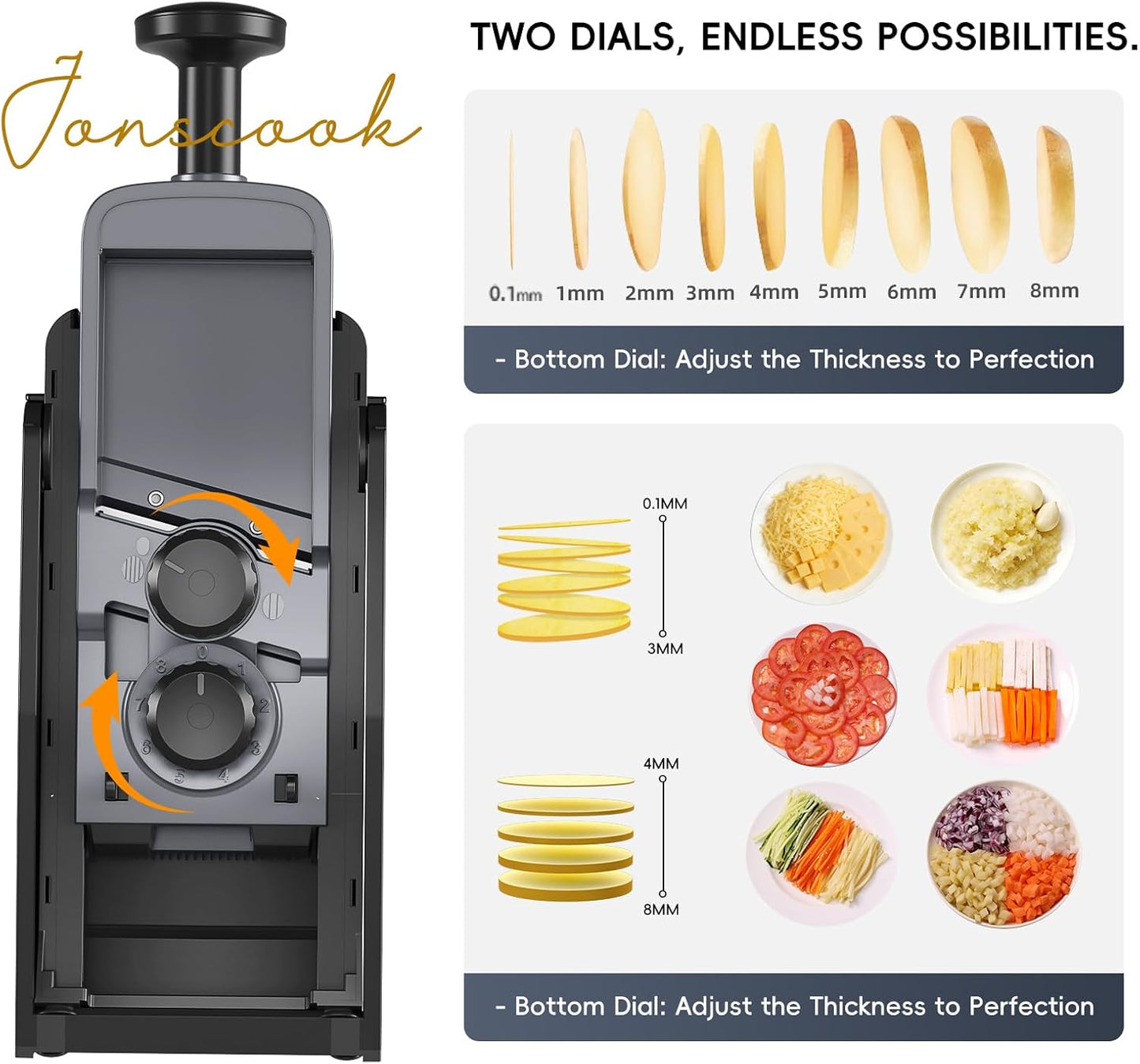 Jonscook All-in-1 Update Safe Mandoline Slicer for Kitchen, Food Chopper with Container, Thickness Adjustable Vegetable Chopper, Potato French Fry Cutter Tomato Apple Slicer Onion (BlackKnight)