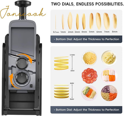 Jonscook All-in-1 Update Safe Mandoline Slicer for Kitchen, Food Chopper with Container, Thickness Adjustable Vegetable Chopper, Potato French Fry Cutter Tomato Apple Slicer Onion (BlackKnight)