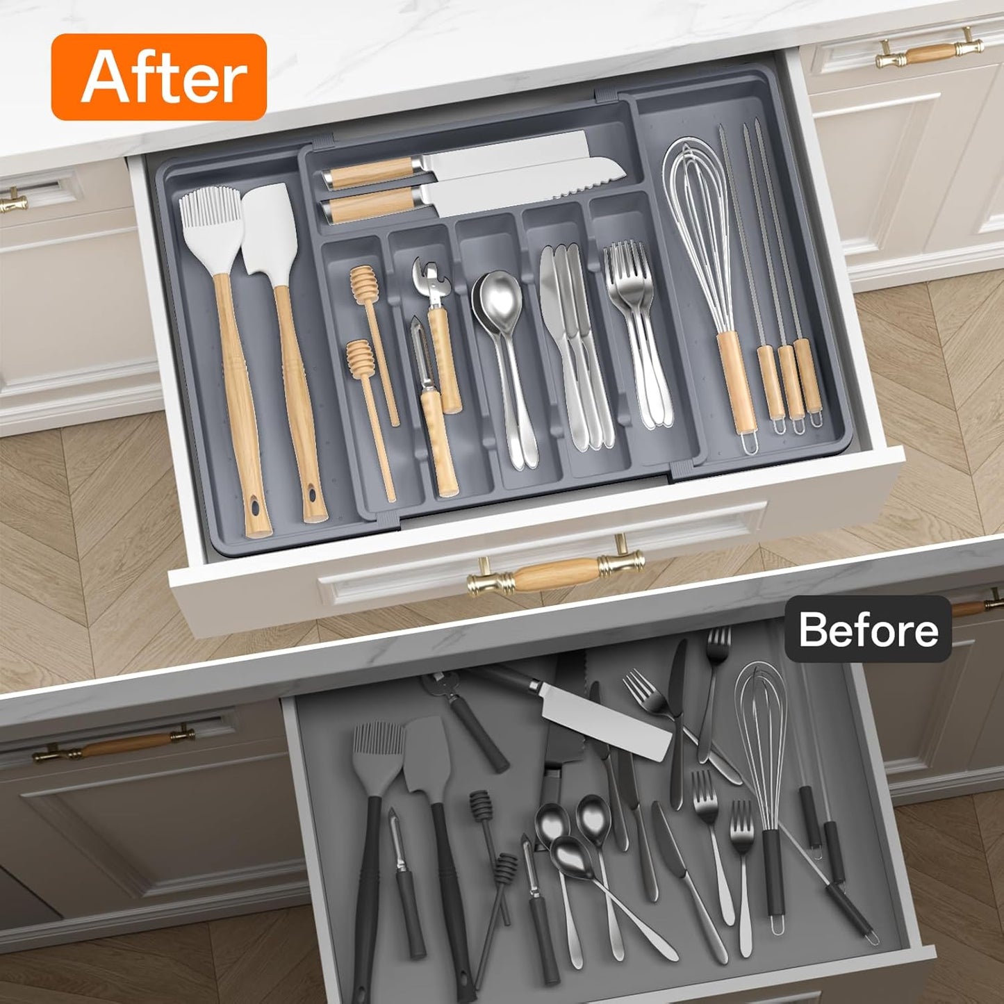 RoomHacks Large Silverware Organizer,Expandable Utensil Drawer Organizer,BPA Free Utensil Holder,Adjustable Silverware Tray Cutlery Drawer Organizer for Kitchen Flatware,Large,Black (6-8 Slots)