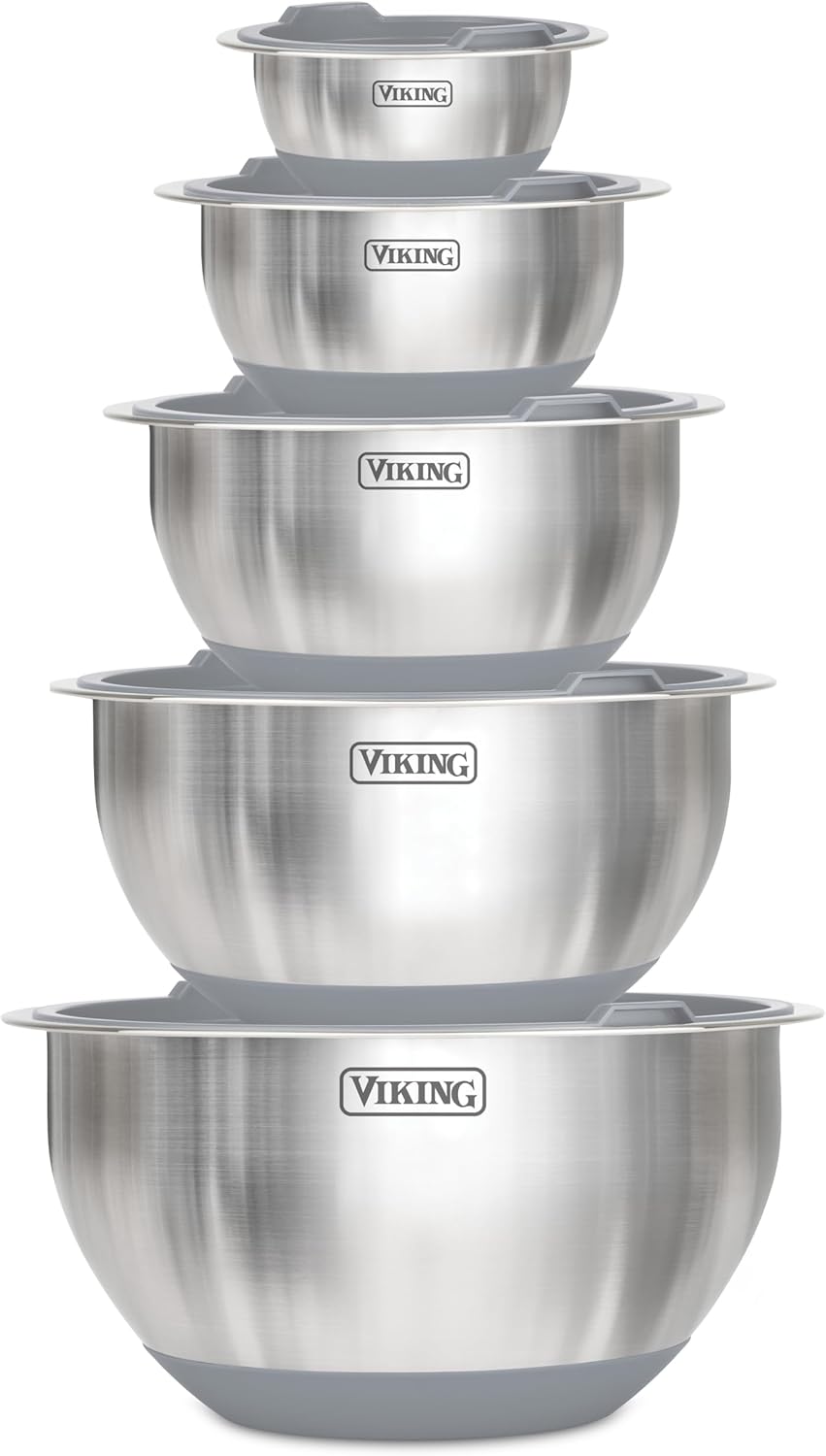 Viking Mixing Bowls Set, 10 Piece Stainless Steel Kitchen Cookware, Non-Slip Silicone Base, Includes Tight Fit Lids, Dishwasher Safe, Black