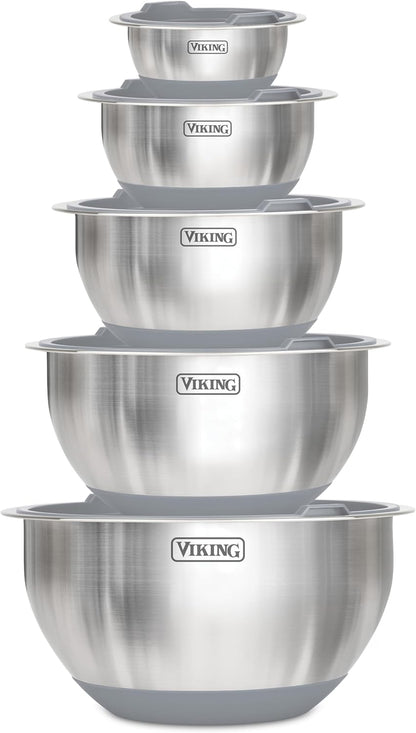 Viking Mixing Bowls Set, 10 Piece Stainless Steel Kitchen Cookware, Non-Slip Silicone Base, Includes Tight Fit Lids, Dishwasher Safe, Black