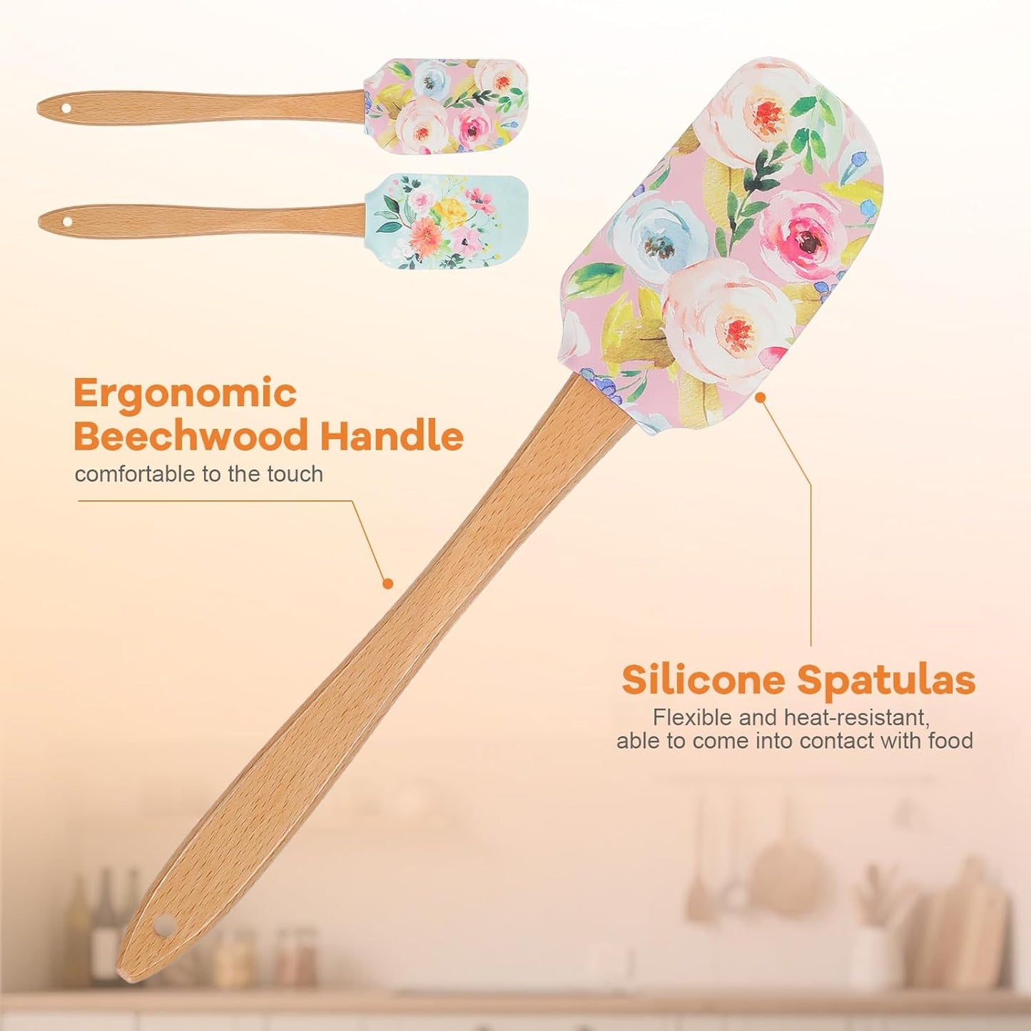 MAGICLULU 2Pcs Floral Silicone Spatula Set with Wooden Handle, Heat Resistant Rubber Scraper for Baking Cake Mixing, Non-Stick Kitchen Utensils for Cooking, Flower Pattern 11.8 Inch