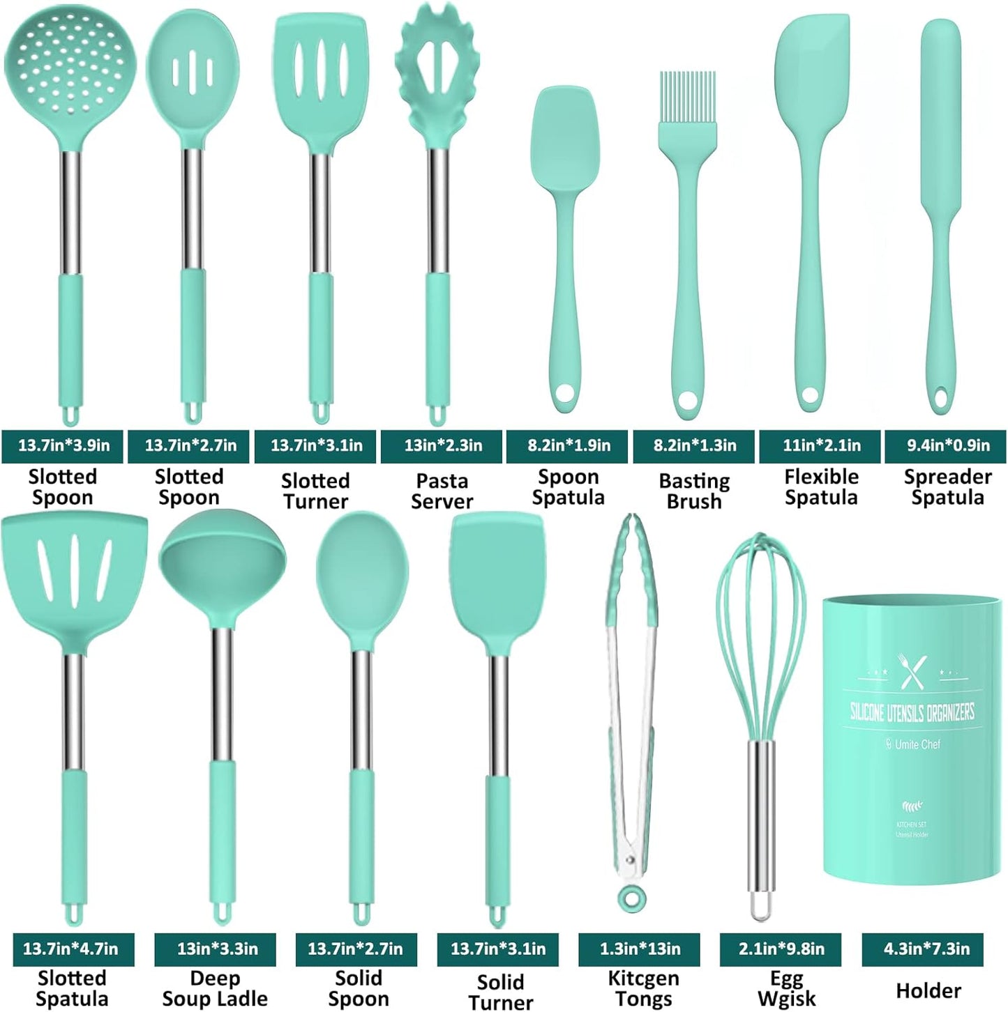 Silicone Cooking Utensil Set, Umite Chef 15pcs Silicone Cooking Kitchen Utensils Set, Non-stick - Best Kitchen Cookware with Stainless Steel Handle - Black Kitchen Utensils
