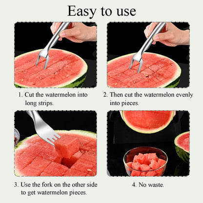 2-in-1 Watermelon Slicer Fork Stainless Steel Watermelon Cutter Tool Portable Dual Head Fruit Forks Slicer Summer Fruit Cutter for Home Kitchen