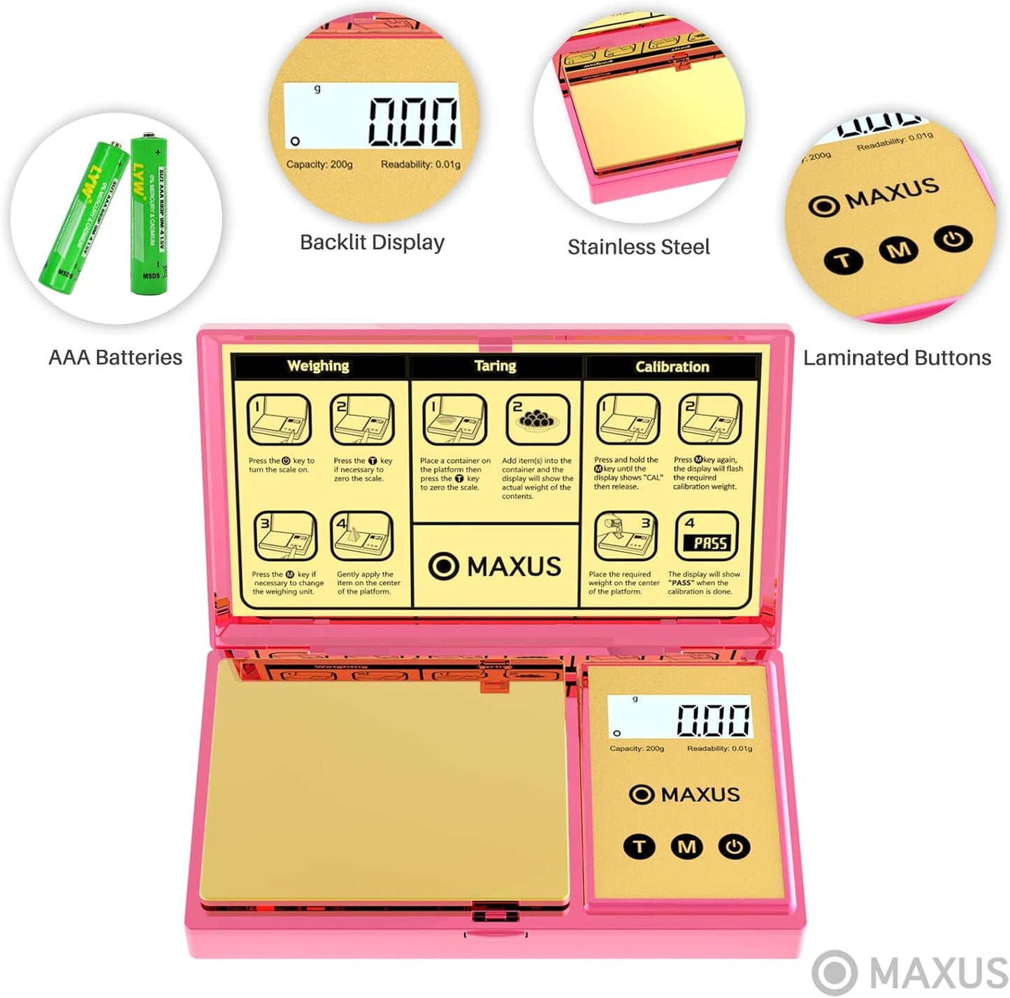 MAXUS Digital Pocket Gram Scale 500g x 0.01g High Precision with Tray, Weighs Small Food, Jewelry, Ounces, Grains, LCD Display, Tare Function