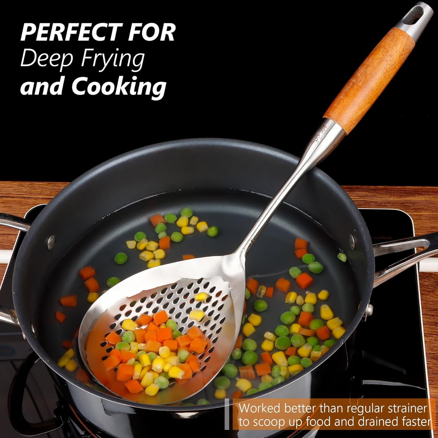Skimmer Slotted Spoon, 304 Stainless Steel Spider Strainer Skimmer Ladle Spoon for Cooking and Frying, Pasta Strainer Spoon for Draining, 4.3 Inch