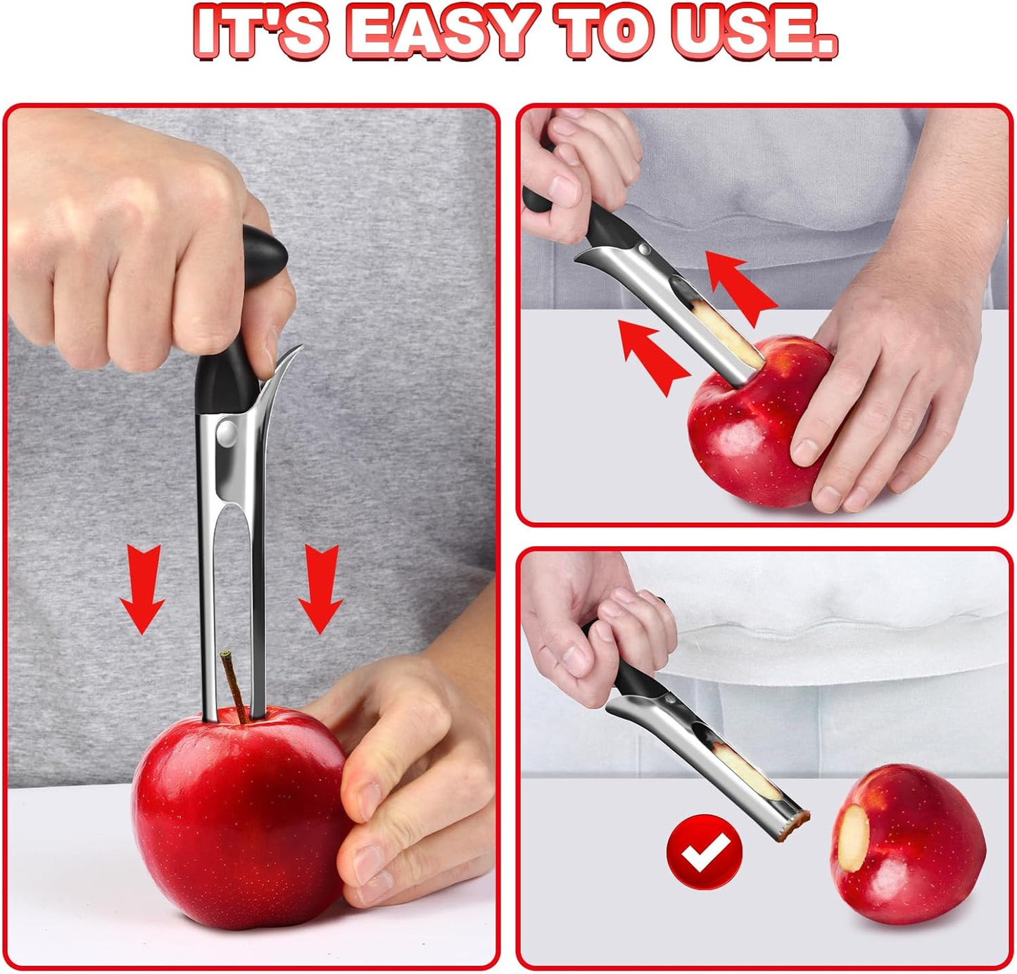 Apple Corer Tool with Sharp Serrated for Pears,Premium Apple Core Remover,Easily Core Fruits,Fruit Flesh Separator Apple Core Puller（Red）
