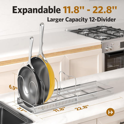 ORDORA Pots and Pans Organizer under Cabinet, Expandable 11.8"-22.8" Pot Lid Holder with 12 Adjustable Dividers, Pan Organizers inside Cabinet for Kitchen Cookware Bakeware, Black